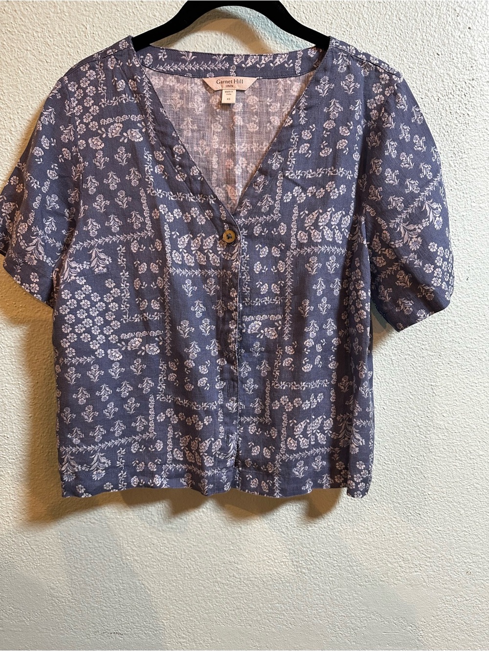 Garnet Hill Women’s 100% Linen Blue White Floral Blouse XS